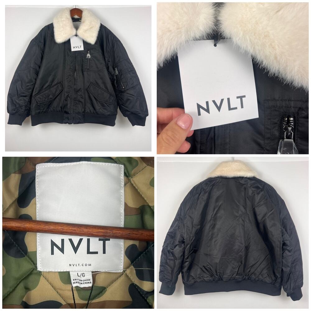 NVLT x Anthropologie Faux Fur Collar Bomber Jacket L Black Aviator Camo lined - Picture 4 of 10